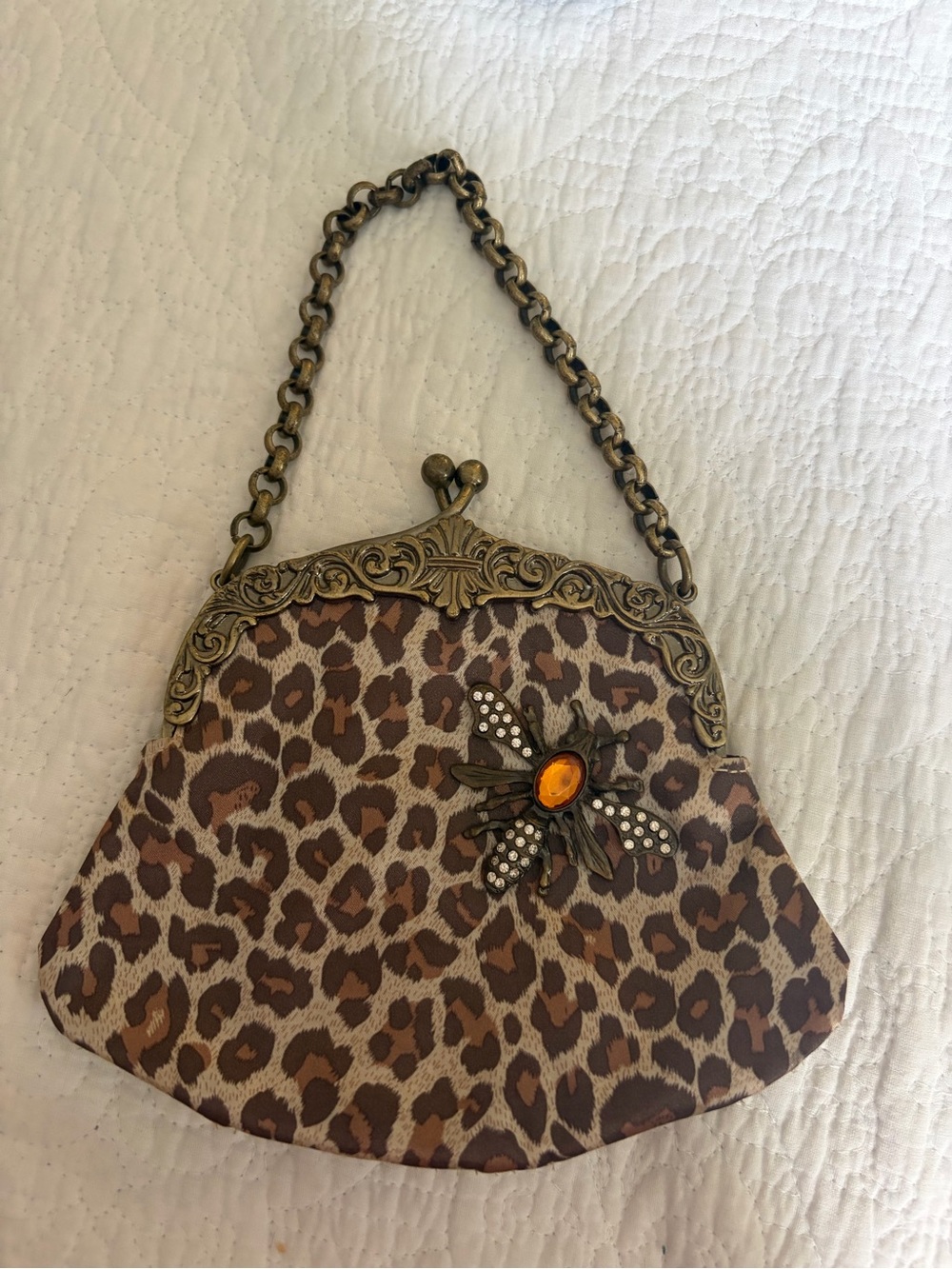 Guess Y2K vintage satin leopard print faux bee pin tiny purse bag EUC